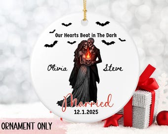 Gothic Wedding Personalized Skeleton Bride and Groom Married Ornament, Custom Names and Date Gift