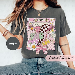 Comfort Colors Trendy Teacher Shirt, Colorful Doodle Back To School Shirt, Preppy Coquette School T-shirt, Girly Pink Bow Tee, Teacher Gifts