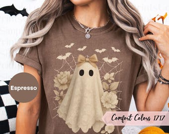 Boho Floral Cream Lace Ghost Halloween Shirt, Coquette Ghost Tee, Aesthetic Spooky Shirt, Fall Shirt For Women, Soft Girl Halloween Tee