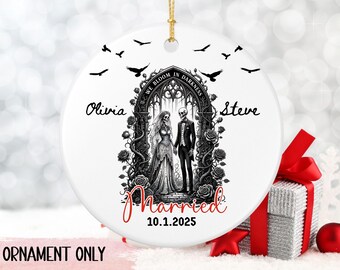 Gothic Wedding Ornament, Personalized Skeleton Bride and Groom Ornament, We Bloom in Darkness Ornament, Custom Names and Date Gift