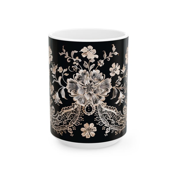 Midnight Lace: French Noir Elegance - Ceramic Mug - 11oz - BPA and Lead-Free- Unique Gift Idea