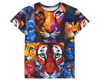 Bunte Tiger-Collage Kinder Sport Jersey | Jugendleistungs-T-Shirt mit Tiger-Collage-Druck