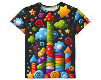 Kleurrijke kindersportjersey met all-over print | Jeugdprestatie-T-shirt met levendige print