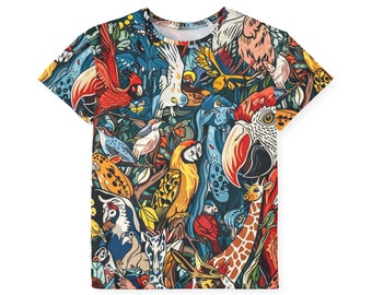 Avian Collage sportshirt voor kinderen | Jeugdprestatie-T-shirt met vogelcollageprint