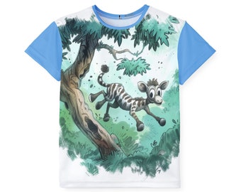 Levendig sportshirt voor kinderen met zebraprint en cartoonzebra | Vochtafvoerend polyester | Leuk ontwerp | Gemaakt in de VS