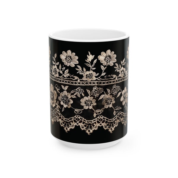 Lace Noir: Classic French Sophistication - Ceramic Mug - 11oz - BPA and Lead-Free- Unique Gift Idea