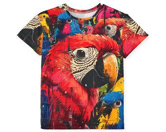 Colorful Parrot Collage Kids Sports Jersey | Youth Performance Tee with Parrot Collage Print