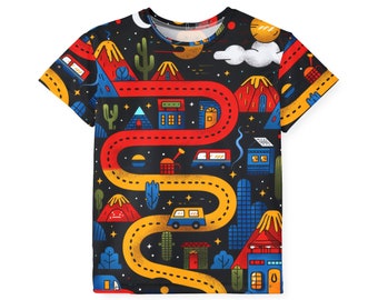 Kleurrijke kindersportjersey met all-over print | Jeugdprestatie-T-shirt met levendige print