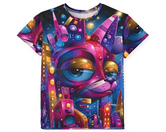 Paarse neon kat sportjersey voor kinderen | Jeugdprestatie-T-shirt met levendige kattenprint