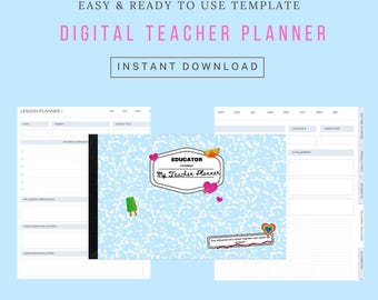 May include: A digital teacher planner template with the text "Easy & Ready to Use Template" and "Digital Teacher Planner". The planner has a light blue background with a pattern and the words "Instant Download". The planner includes sections for lesson planning and tracking.