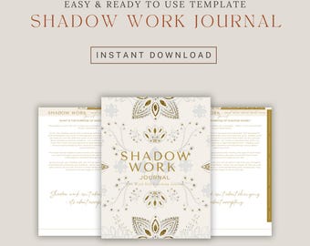 May include: A cream-colored journal with the words "SHADOW WORK JOURNAL" in gold script. The journal has a floral design and the text "INSTANT DOWNLOAD". The journal is part of a template from Porterhouse Planners.