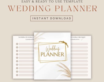 May include: A wedding planner template with the words "Wedding Planner" in a gold frame. The cover is white with a floral design. The words "Easy & Ready to Use Template" and "Instant Download" are also visible.