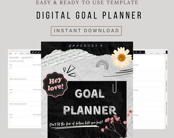 Puede incluir: Plantilla de planificador de objetivos digital con un diseño en blanco y negro. La portada presenta el texto "GOAL PLANNER" y "Don't let the fear of failing hold you back!" Una margarita, un arcoíris y flores rosas también están incluidos en el diseño. Descarga instantánea.
