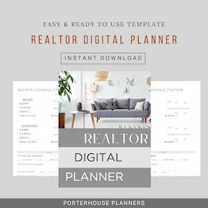 May include: A digital planner template for realtors, featuring a buyer consultation form and a modern living room scene. The text reads "Realtor Digital Planner" and "Instant Download."