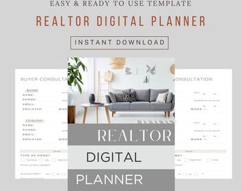 May include: A digital planner template for estate agents, with a buyer consultation form and a modern living room scene. The text reads "Realtor Digital Planner" and "Instant Download."