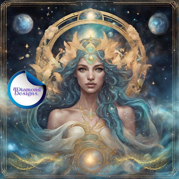 Universe Goddess Wall Art Print Beautiful Mystic Woman Planets Printable Canvas