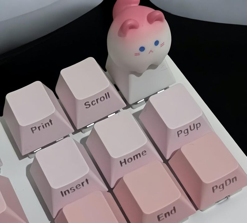May include: A pink keyboard with white keycaps and pink and white keycaps with the words "Print", "Scroll", "Home", "PgUp", "Insert", "End", and "PgDn" printed on them. A pink cat figurine is on top of the keyboard.