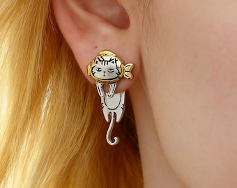 Cat Dangle Earrings, Cute Kitty Earrings, Silver Gold Tone Cat Jewelry, Animal Lover Gift, Whimsical Cat Earrings
