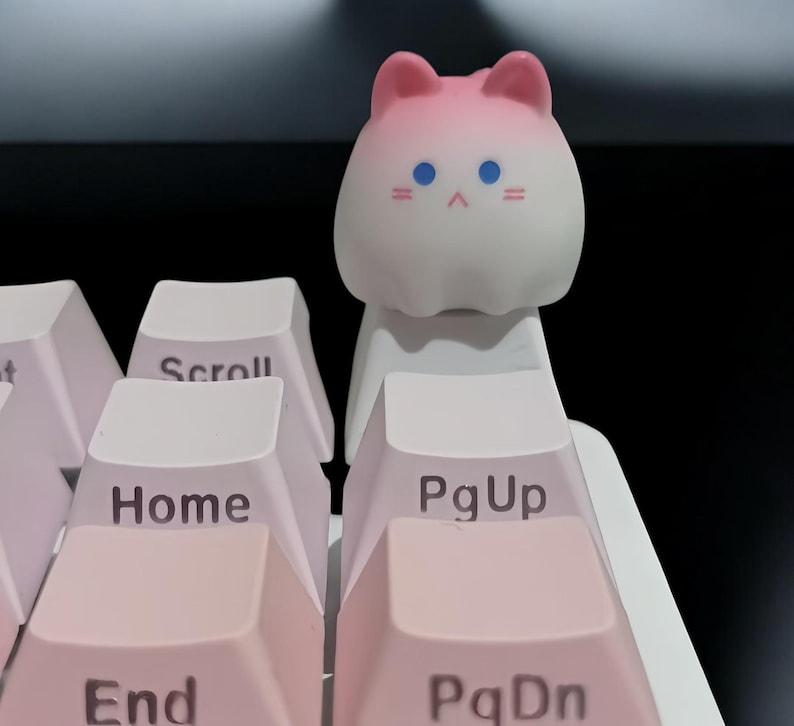 May include: Pink and white cat-shaped keycap with blue eyes and a white keyboard with pink keys labeled 'Home', 'End', 'PgUp', 'PgDn', and 'Scroll'.