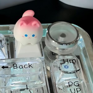 May include: A pink and white cat-shaped keycap with blue eyes sits on a clear keyboard next to a clear knob with a silver ring. The keyboard has keys labeled "Back", "Hm", and "Pg Up".
