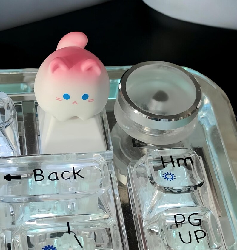 May include: A pink and white cat-shaped keycap with blue eyes sits on a clear keyboard next to a clear knob with a silver ring. The keyboard has keys labeled "Back", "Hm", and "Pg Up".
