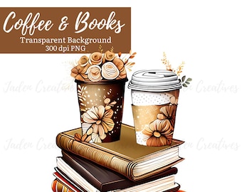 Kaffe och bok Clipart, kaffebok PNG, för kaffeälskare Clipart, bokälskare Clipart, kaffebok PNG, boho kaffe och böcker