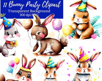 Party Bunny Clipart, Bunny Geburtstag Clipart, Aquarell Bunny Clipart, PNG Bunny, Geburtstag Bunny, Cute Bunny Clipart, Happy Birthday Clipart