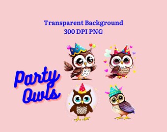 Party Hat Owls, Cute Party Owls for Birthdays, Birthday Party Cliparts, For the Owl Lovers Cliparts, Owl Party Clipart, Cute Owl PNGs, Owls