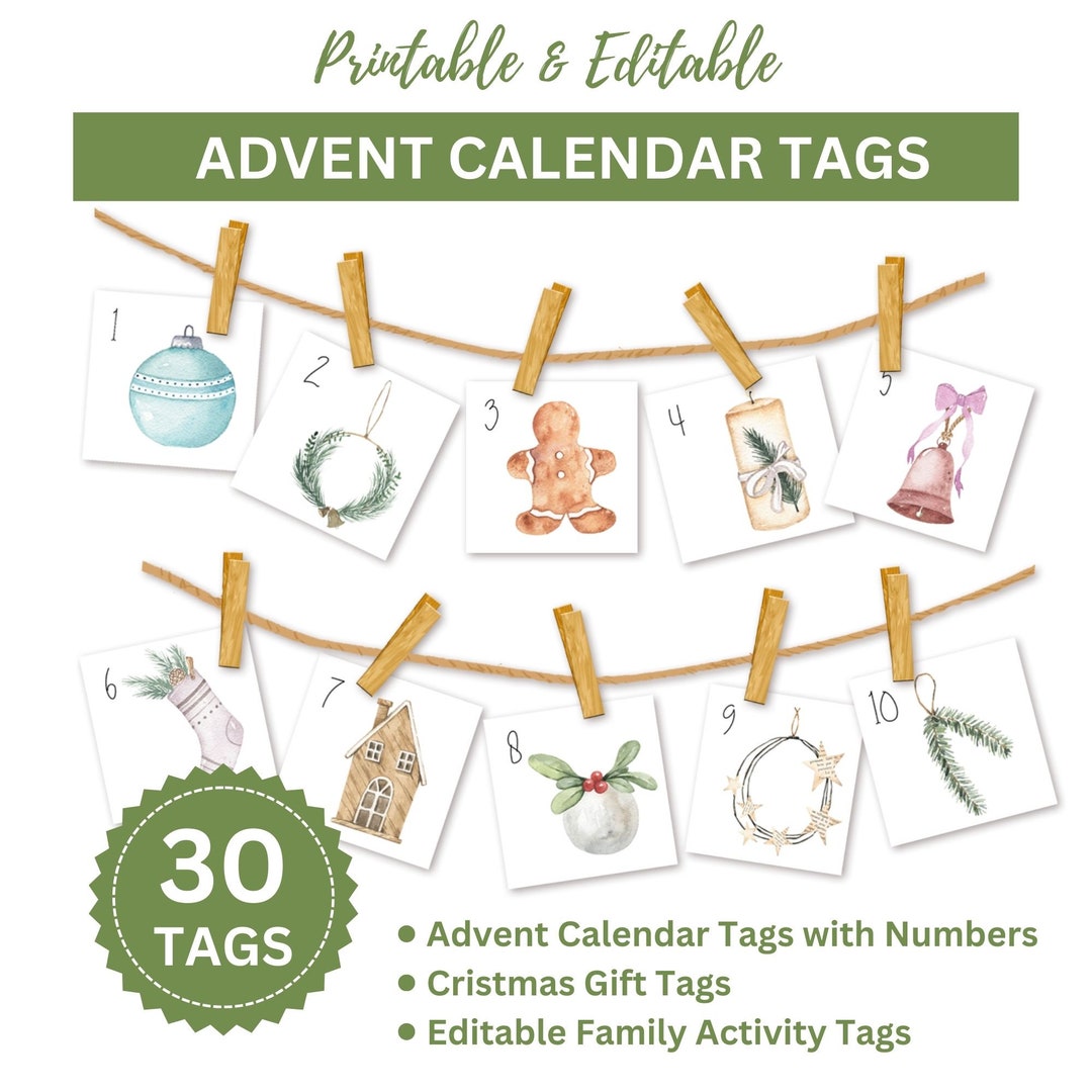Printable Advent Calendar Customizable Christmas Gift Tags Etsy