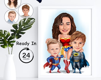 Custom mother and kids superhero caricature art | happy new year card | superhero caricature | superhero portrait | Custom Caricature