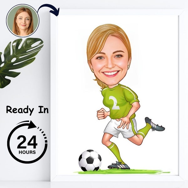 Custom female football soccer player caricature art, soccer gifts for girls, soccer coach gifts, cartoon portrait.