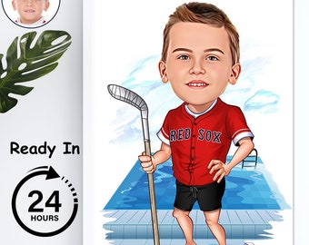 Caricature de hockey personnalisée pour garçon, dessin animé à partir d'une photo, cadeau de golf drôle pour enfant, cadeau de sport pour garçon, art de caricature de golf personnalisé