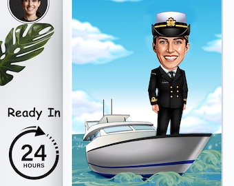 Custom Ship Captain Gift Caricature Art, Sea Captain Gift, Digital Svg, Cartoon from photo