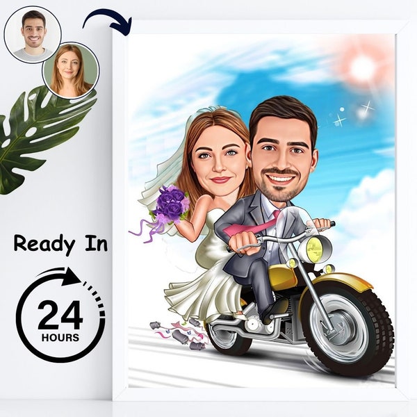 Art personnalisé de caricature de jeunes mariés de moto, cadeau de mariage chrétien de parent, cadeau de 5e anniversaire, cadeau de couple unique