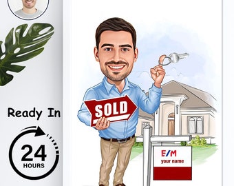 Custom real estate agent caricature art, real estate gift, gift for realtor, realtor gift for men, cartoon from photo