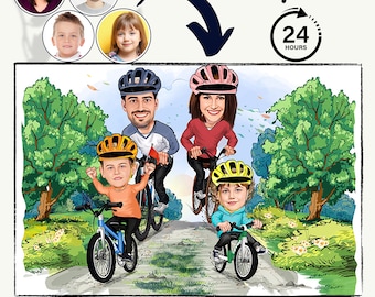 Caricature de famille à vélo, portrait de famille, famille d'amoureux du sport, famille en vacances, portrait caricature personnalisé