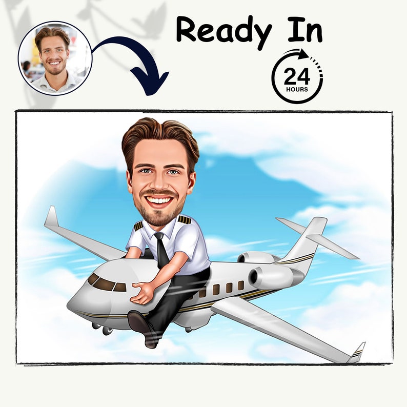 Personalized pilot and air host or hostess caricature art, male pilot cartoon, female pilot cartoon, unique pilot gift, pilot portrait 画像 2