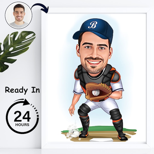 Cadeau de baseball amusant personnalisé pour lui, cadeau de joueur de baseball, portrait de baseball, dessin animé personnalisé.