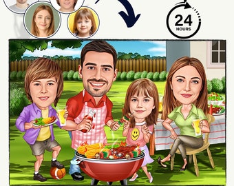 Gepersonaliseerde familie BBQ-karikatuurkunst, grappig barbecuecadeau, familieportret, BBQ-digitale tekening, aangepaste karikatuur.