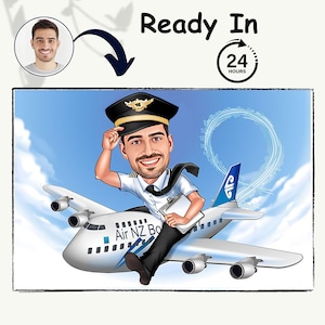 Personalized pilot and air host or hostess caricature art, male pilot cartoon, female pilot cartoon, unique pilot gift, pilot portrait image 1