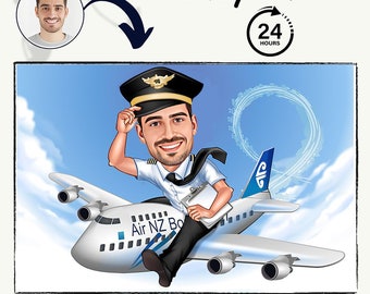 Personalized pilot and air host or hostess caricature art, male pilot cartoon, female pilot cartoon, unique pilot gift, pilot portrait