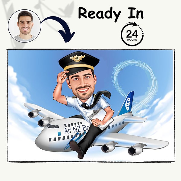 Personalized pilot and air host or hostess caricature art, male pilot cartoon, female pilot cartoon, unique pilot gift, pilot portrait