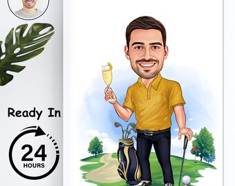 Personalized funny golfer caricature art, golf gift for men, funny portrait custom card, cartoon from photo.