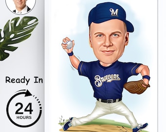 Personalized Funny Baseball Caricature Art Gift, Baseball Cartoon, Unique Baseball Gift, Digital Portrait