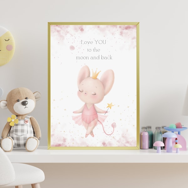 Ballerina poster printable picture mouse ballerina I love you to the moon and back printable poster for kids room I gift Santa Claus girl