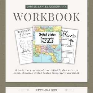 Puede incluir: Un libro de trabajo para aprender sobre la geografía de los Estados Unidos. La portada presenta un mapa antiguo de los Estados Unidos, un mapa de contorno en blanco y negro de los Estados Unidos y una hoja de trabajo sobre California. El texto de la portada dice "United States Geography Workbook".