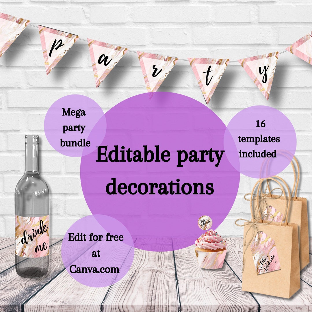 Pink Printable Party Decorations for Birthday Party Editable Template