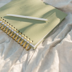 May include: A green spiral bound journal with gold rings and a white pen lying on top. The journal has the words "Dear Diary" embossed on the front cover.