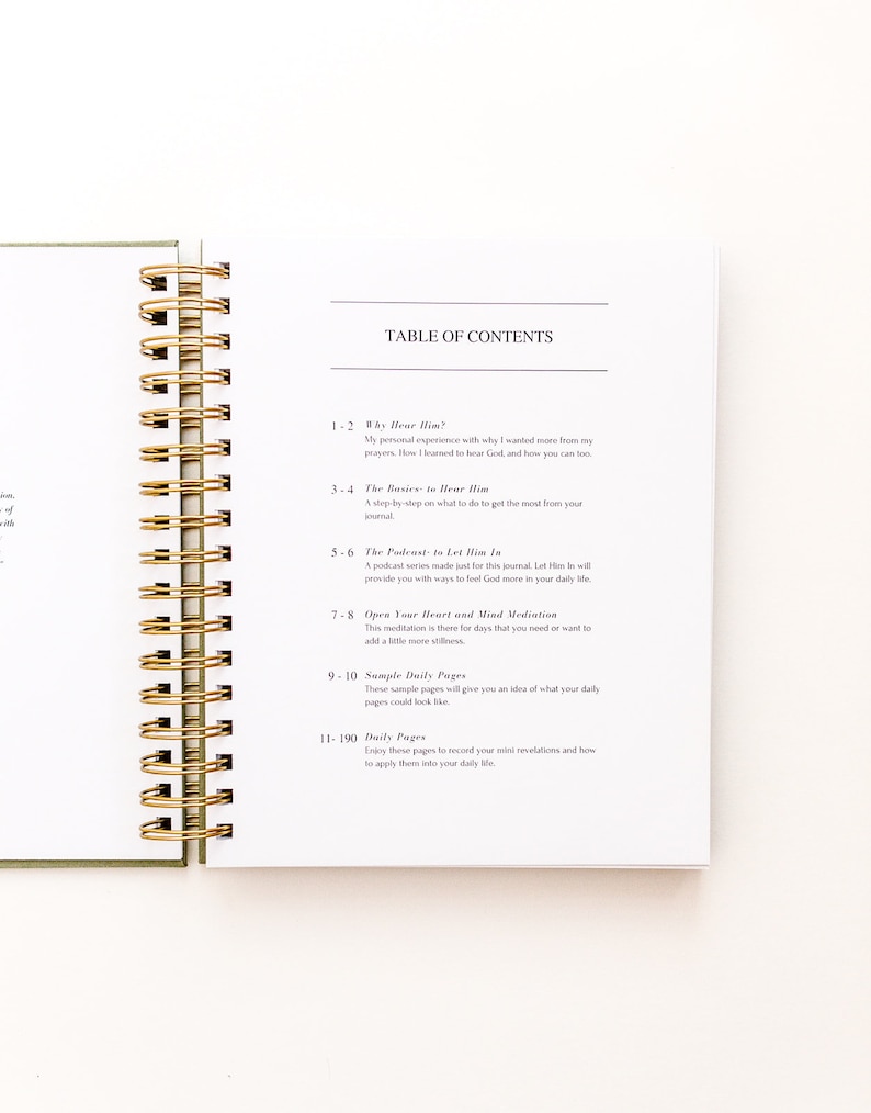 May include: A close-up of a table of contents page from a journal titled "The Podcast to Let Him In". The page lists the different sections of the journal, including "Why Hear Him?", "The Basics to Hear Him", "Open Your Heart and Mind Meditation", "Sample Daily Pages", and "Daily Pages".