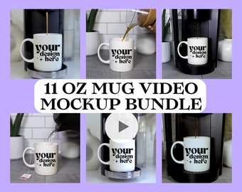 May include: A video mockup bundle of six different 11 ounce white ceramic mugs with the text "your design + here" printed on them. The mugs are shown being filled with coffee and tea.